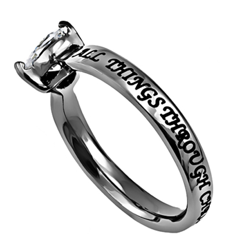 CZ Heart Scripture Ring STRENGTH back