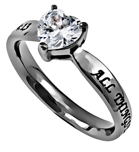 CZ Heart Scripture Ring STRENGTH